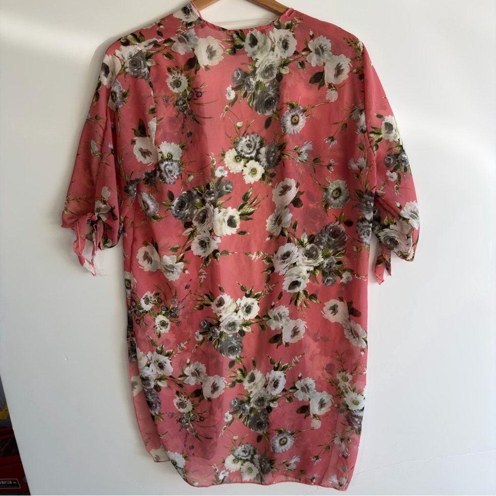 kimono Sheer cardigan tie sleeve open front vacation coral floral Resort size L - Picture 8 of 8
